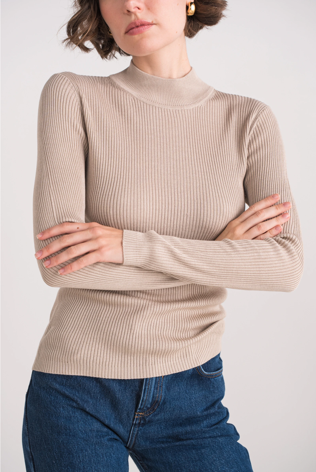 Pull col cheminée en maille côtelé 100% soie